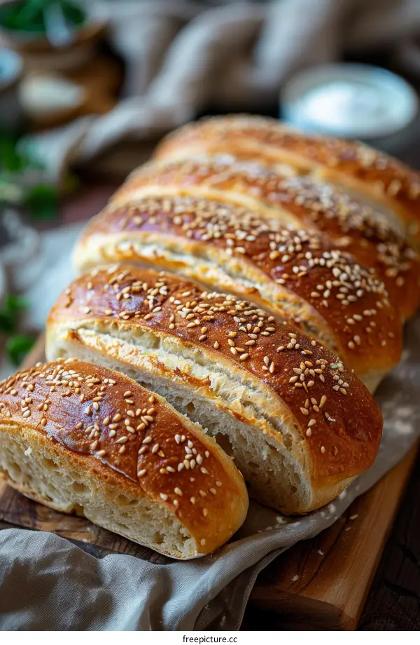 Freshly Sliced Sesame Seed Loaf on a Wooden Board