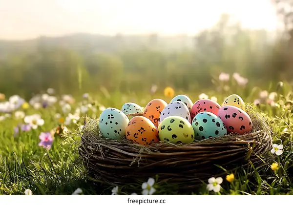 Colorful Easter Eggs in a Nest on a Meadow