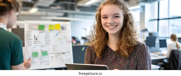 Smiling Woman in Modern Office Holding Digital Tablet