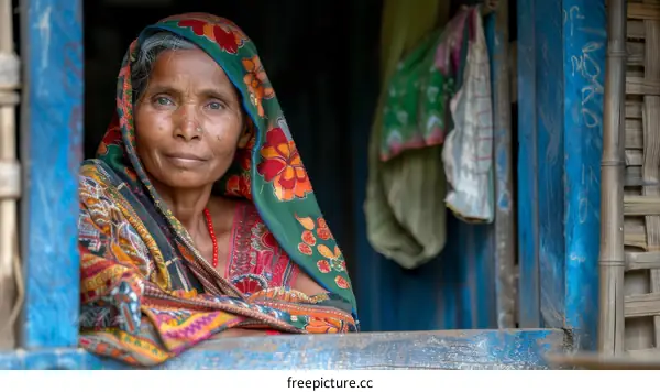 Elderly Woman in Traditional Clothing Looking Out a Window