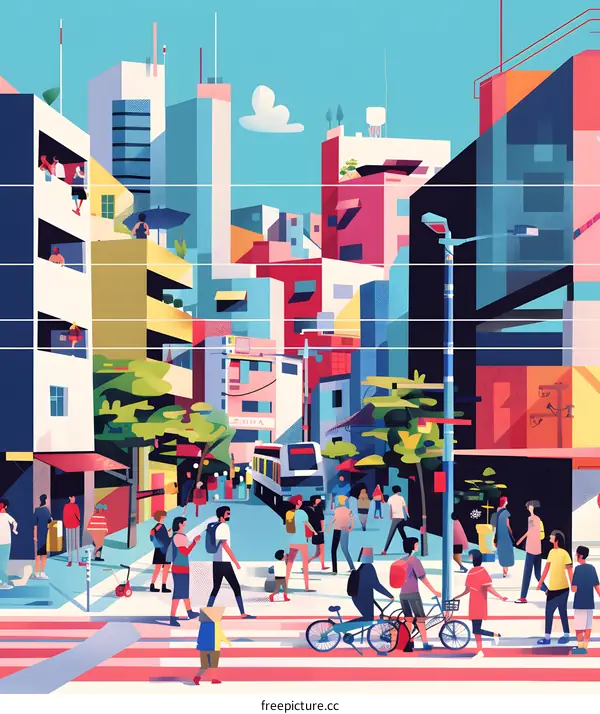 Urban Street Life in a Vibrant City with Buildings, People, and a Bus