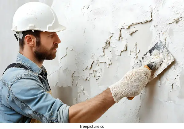 Construction worker repairing wall with plaster