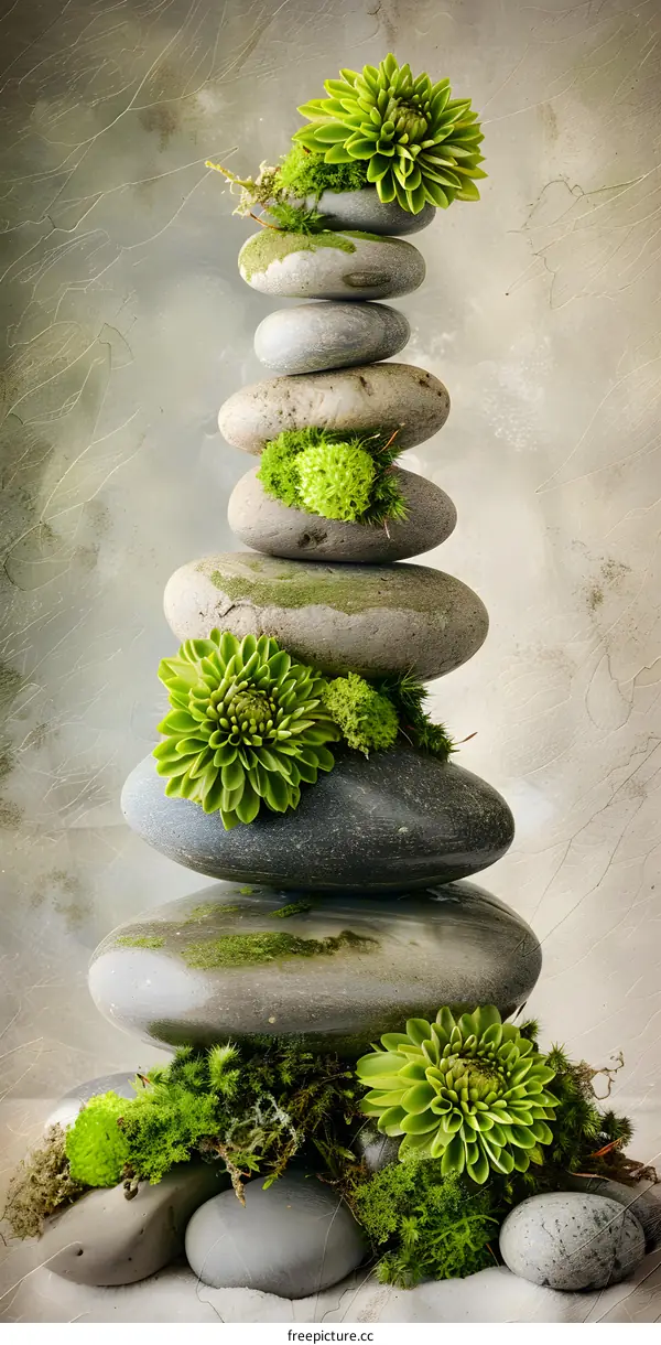Stack of Stones with Green Flowers and Moss