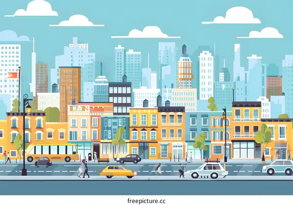 Modern City Street with People Walking on Sidewalk