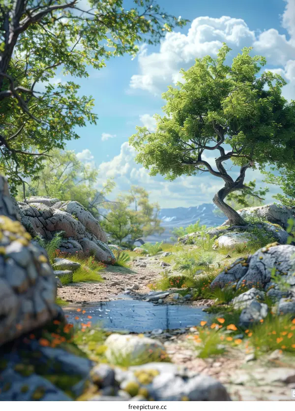 Fantasy Landscape with a Tree and a River