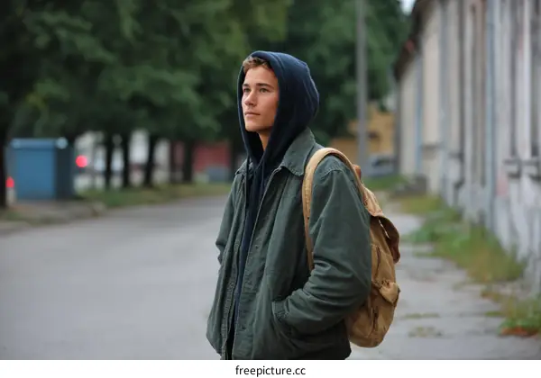 Young Man Walking Down a City Street