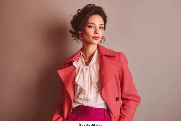 Elegant woman in pink coat and ruffled blouse standing against neutral background