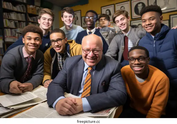 A group of students pose with their teacher in a library.