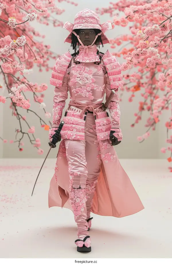 Black model wearing pink samurai armor with cherry blossoms