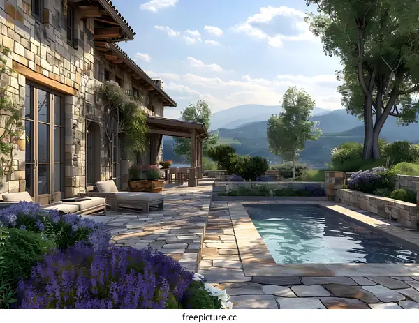 Stone House Backyard with Pool and Mountain View