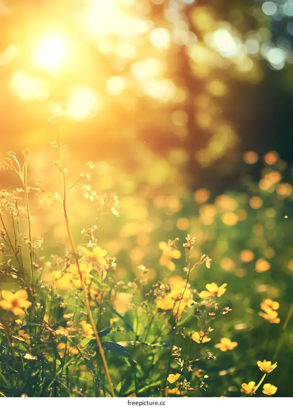 Sun Shining Through Yellow Wildflowers in Meadow