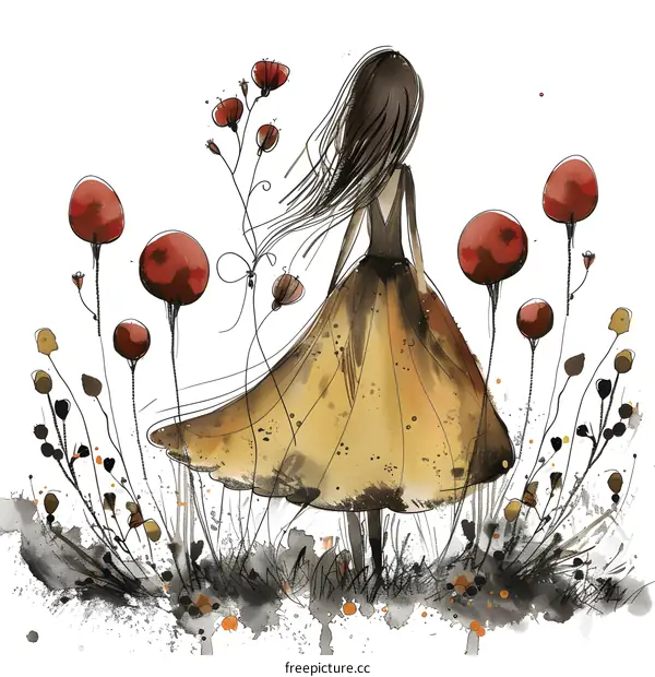 Watercolor Illustration of a Girl Walking in a Field of Flowers
