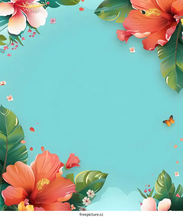 Floral Background With Hibiscus Flowers And Green Leaves