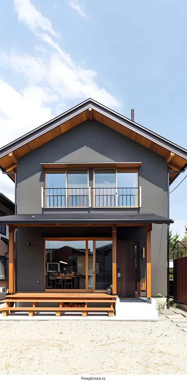 Modern Japanese House with Wooden Deck and Gravel Yard