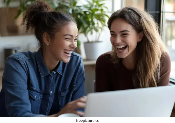 Two Diverse Women Laughing Together at a Laptop
