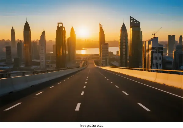 Sunset view of modern city highway with tall skyscrapers