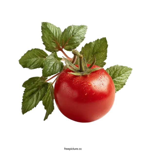 [Transparent Background PNG]Fresh Red Tomato with Leaves Studio Shot