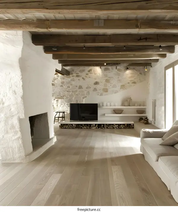 Modern Interior Design With Exposed Wooden Beams and Stone Walls