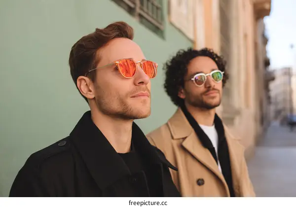 Two Men in Stylish Outerwear and Sunglasses