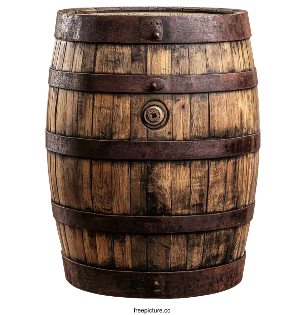[Transparent Background PNG]Vintage Wooden Barrel with Rusty Bands