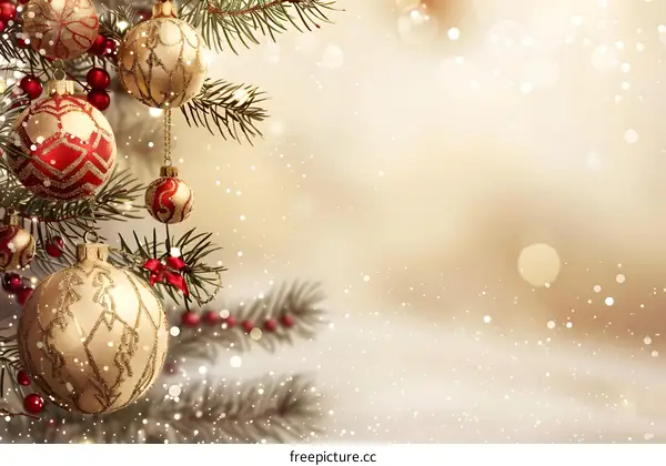 Christmas ornaments hanging on a fir tree branch with blurred background