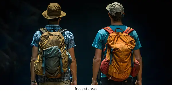 Two Hikers with Backpacks Facing a Dark Tunnel