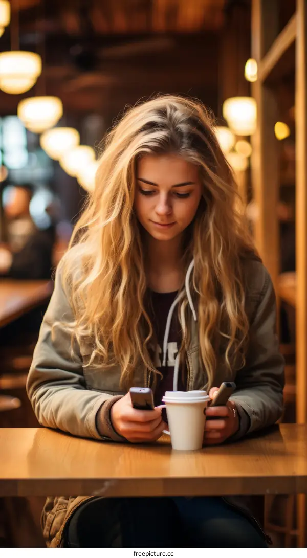 Young woman sitting in a cafe looking at her phone