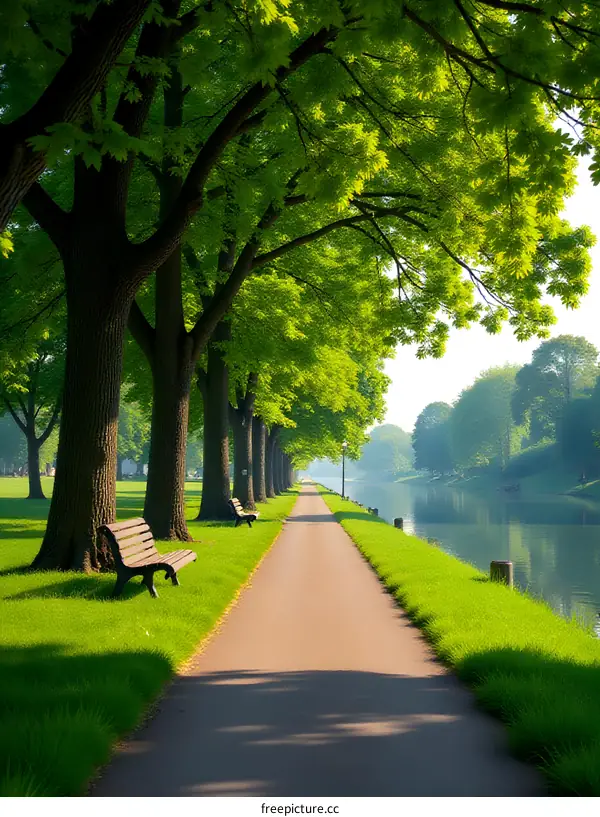 Green Path Along a Canal With a Bench