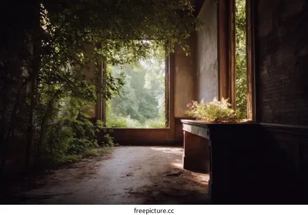 Abandoned Mansion Interior with Lush Greenery