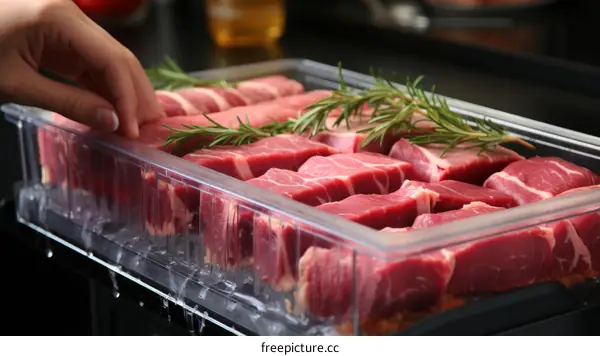 A hand reaching into a container of raw beef steaks