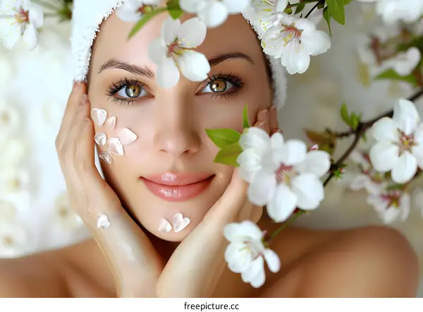 Close-up portrait of a beautiful woman with white flowers in her hair