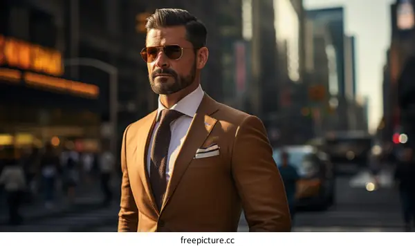 A man in a brown suit and sunglasses is standing in the middle of a busy city street.