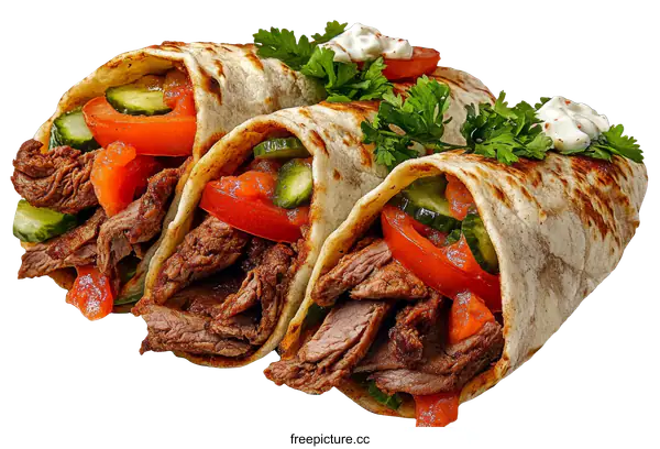 [Transparent Background PNG]Delicious Beef Shawarma Wraps with Vegetables