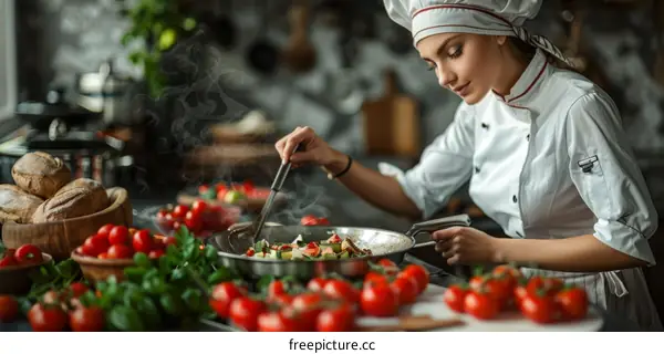 Young female chef cooking in a commercial kitchen