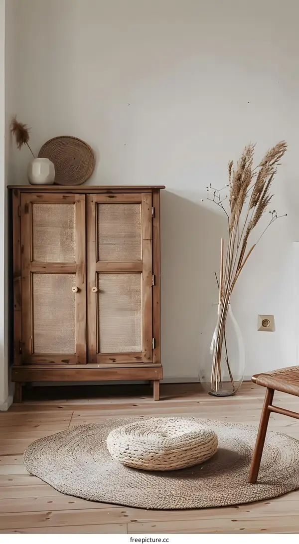 Wooden Cabinet With Woven Doors And Dried Flowers In A Vase