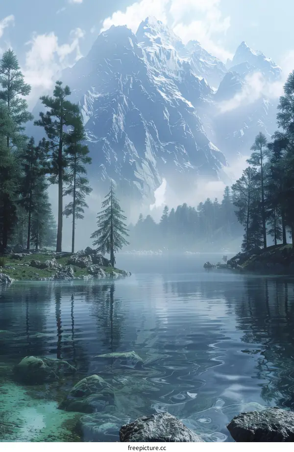 Tranquil Mountain Lake with Pine Trees