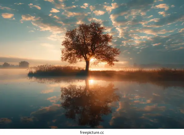 Lonely Tree in the Lake with Sunset