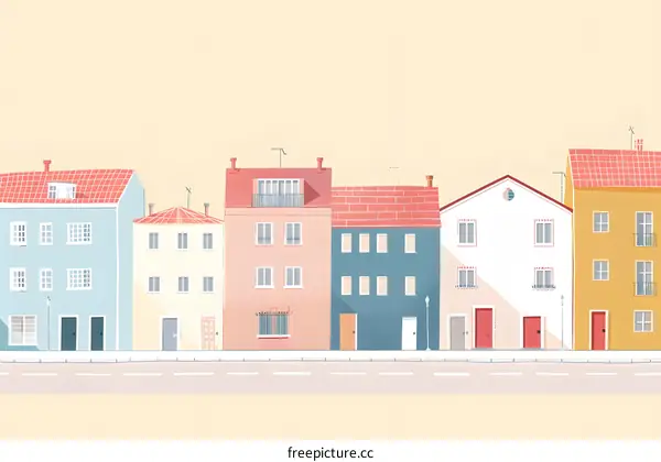 Colorful Row Houses Illustration With Yellow Background