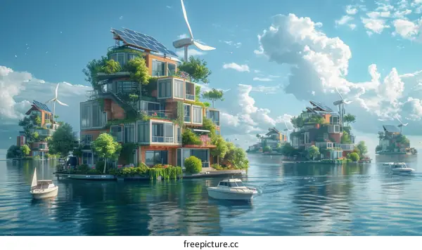 futuristic eco friendly floating house community at sea