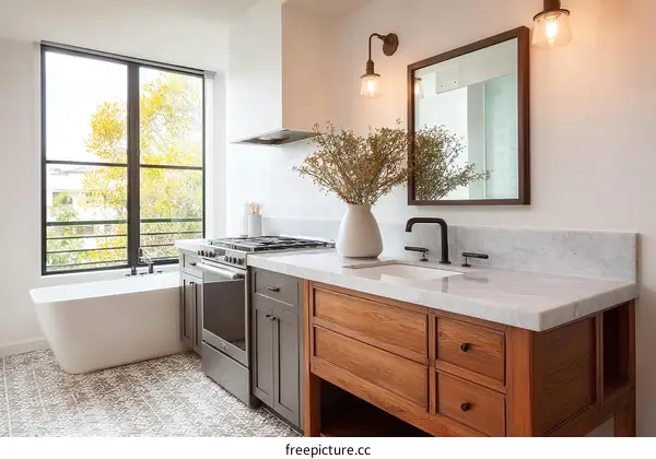 Modern Farmhouse Kitchen Bathroom Combo Interior Design