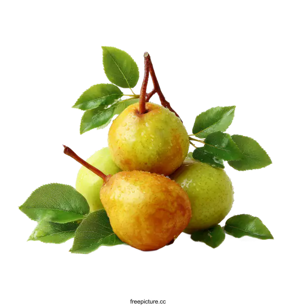 [Transparent Background PNG]Fresh Pears with Leaves Close-up