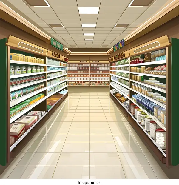 Supermarket Interior Illustration with Shelves Full of Products
