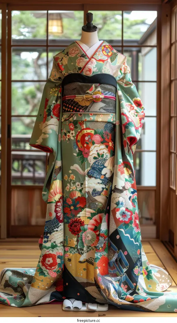 A kimono with a floral pattern and a colorful obi sash