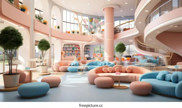 Modern Library with Pastel Colors and Geometric Architecture