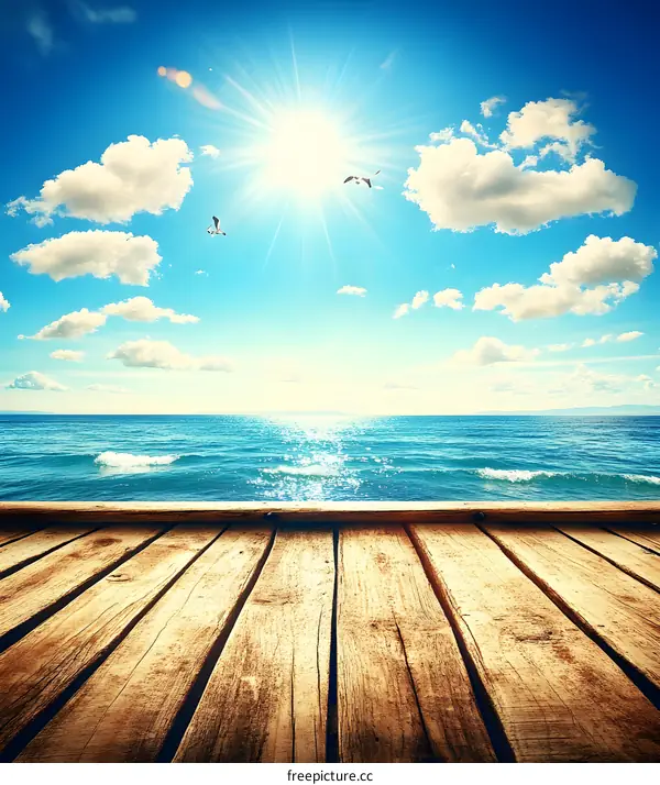 Wooden Deck Overlooking Summer Ocean with Sun
