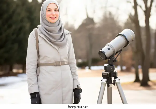 A young Muslim woman wearing a head scarf and a long coat is standing next to a telescope.