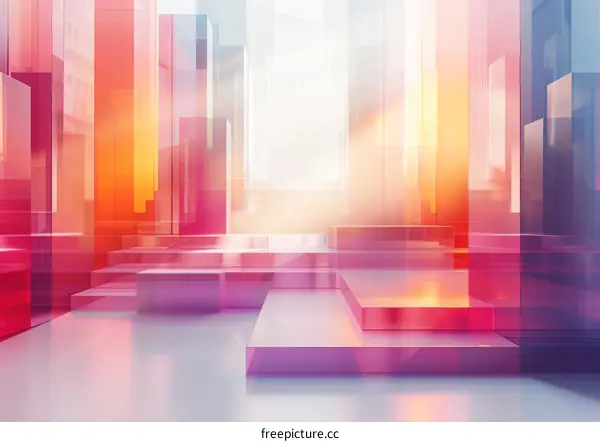 Surreal 3D Cityscape with Geometric Shapes in Pink and Purple