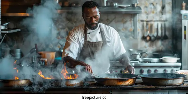 Black Chef Cooking In Kitchen