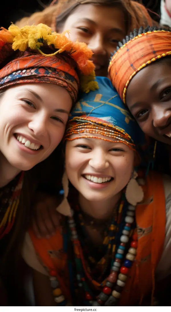 Diverse Women in Colorful Headwraps Smiling Together