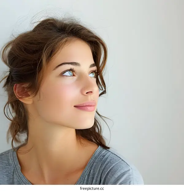 portrait of a young woman with freckles and green eyes